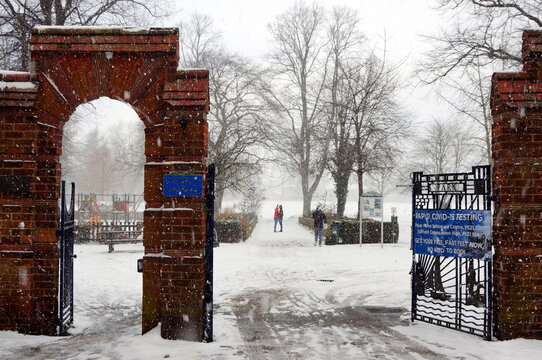 The Gate To The Central Park In The Snow. Boston Lincolnshire 