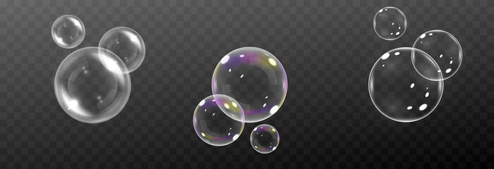 Vector set of soap bubbles. Realistic soap, glare. Foam bubbles png. Powder, soap, detergent. Vector image.