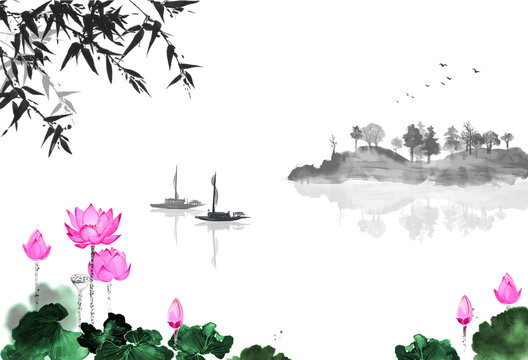 Oriental landscape with lotus flowers, fishing boat, bamboo and island with trees. Traditional oriental ink painting sumi-e, u-sin, go-hua.