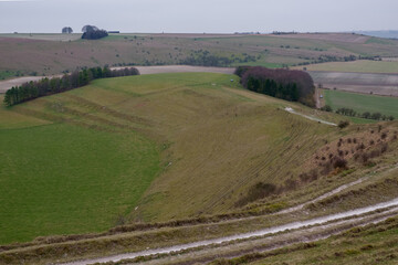 Fototapeta na wymiar view of the up-faulted Southern edge of Pewsey Vale with copse woodland in the valley near Pewsey, Wiltshire