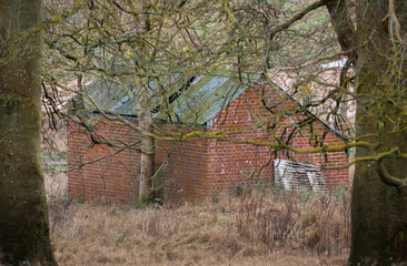 abandoned derelict brick building at a tank crossing on Salisbury Plain Wiltshire