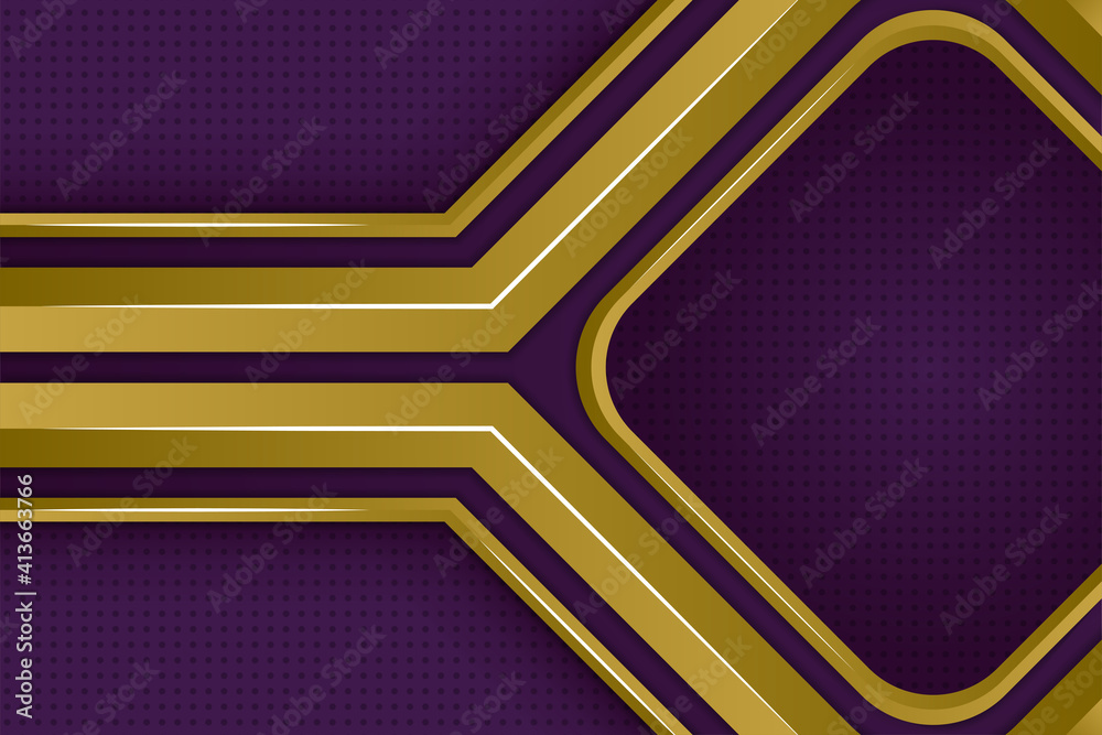 Poster vector purple background with gold element decoration. dynamic abstract gradient with gold line bord