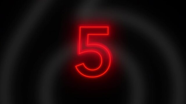 Countdown from 9 to 0 with bright red rotating neon digits.
