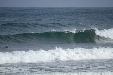 A surfer lying on his surfboard paddles over an approaching wave on a beach in Portugal on the Atlantic Ocean