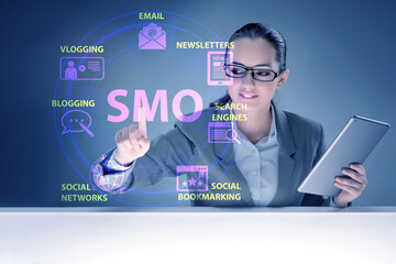 Social media optimisation concept with businesswoman