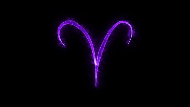The Aries zodiac symbol, horoscope sign lighting effect purple neon glow. Royalty high-quality free stock of Aries signs isolated on black background. Horoscope, astrology icons with simple style