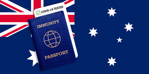 Obraz na płótnie Canvas Travel immunity Passport and test result for COVID-19 on flag of Australia.