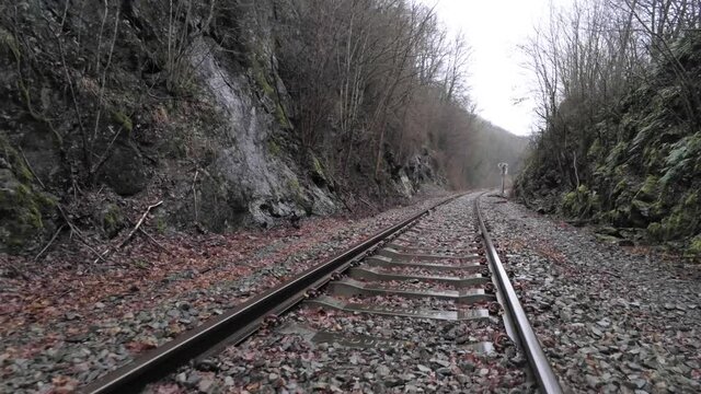 Flying backwards along a wet abandoned railroad track in the woods - close aerial drone