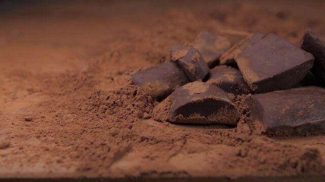 raw chocolate falling into cacoa powder 4k
