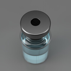 Coronavirus vaccine bottle 3d render with liquid vaccination for the COVID 19 mutant variant virus