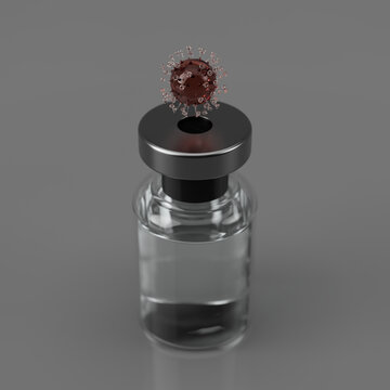 Coronavirus vaccine bottle 3d render with liquid vaccination for the COVID 19 mutant variant virus