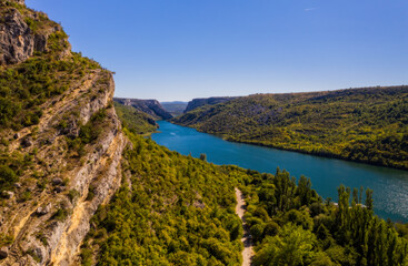Krka river valley, Krka National Park in Croatia. Aerial drone shot in september 2020