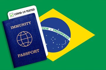 Immunity passport and test result for COVID-19 on flag of Brazil.