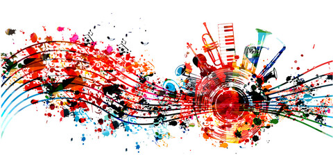Naklejka na ściany i meble Colorful jazz music promotional poster with musical instruments and notes isolated vector illustration. Artistic abstract background for live concert events, music festivals and shows, party flyer