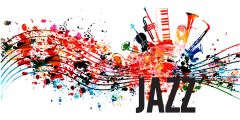 Colorful jazz music promotional poster with musical instruments and notes isolated vector illustration. Artistic abstract background for live concert events, music festivals and shows, party flyer