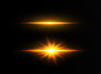 Shining golden stars isolated on black background. Effects, glare, lines, glitter, explosion, golden light. Vector illustration.Set.