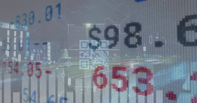 Animation of qr code and financial data processing over cityscape