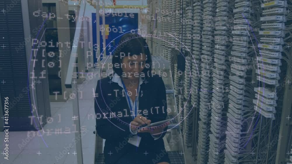 Poster Animation of scope scanning and data processing over woman using tablet next to computer servers