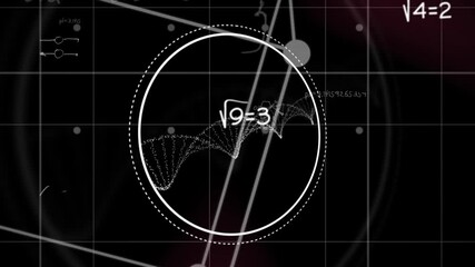 Digital animation of dna structure spinning against mathematical equations floating on purple backgr - Powered by Adobe