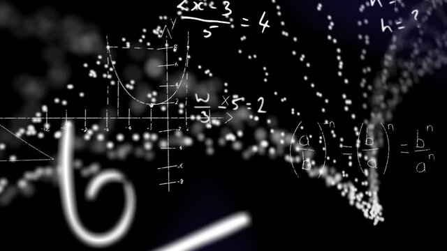 Digital animation of mathematical equations and symbols against dna structure spinning on black back