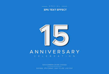 Luxury and elegant fifteen anniversary text effect on white number on blue background