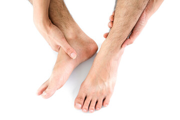 Picture of a male leg And the man's hand, he caught his ankle Pain in the