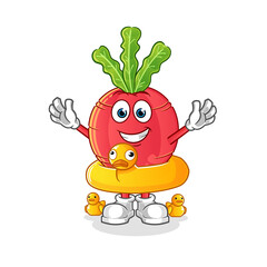 radish with duck buoy cartoon. cartoon mascot vector