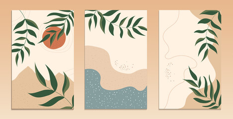 Abstract modern nature backgrounds set - summer sale, social media promotional content. Leaves, sund, sea, beach and mountains. Design for poster, card, invitation