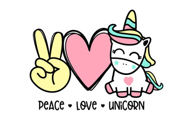 Peace Love Unicorn.  For Valentine day and Horse lover design on t-shirt, mug, bag, mask background illustration.