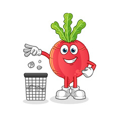radish Throw garbage in trash can mascot. cartoon vector
