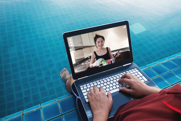 Video calls, E-learning, and online contents. a man using digital tablet for online chatting, and watching online cooking content