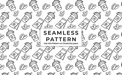Seamless coffee background with branch of coffee and coffee beans. Hand drawn illustration in sketch style. wallpaper for coffee shop.