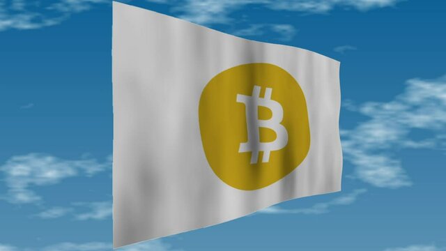 ビットコインSV　ロゴの旗がはためいています。背景には雲が流れています。