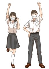 A high school boy and girl wearing face masks, with their fists in the air