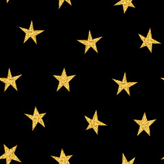 stars gold glitter pattern.Gold glittering stars pattern.Seamless pattern with gold glitter textured stars on black. Abstract bright gold design for wallpapers, Christmas decorations, textiles, wraps.