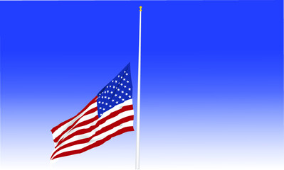 Red white and blue American flag flying half mast with a flag pole and a gradient blue sky