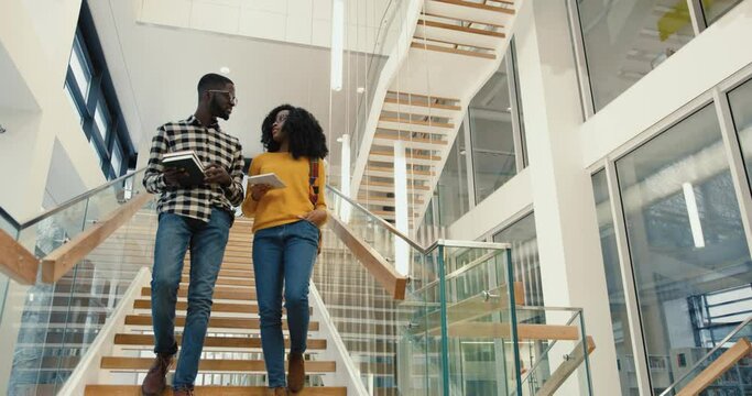 Two young African-American students descend university stairs and discuss future exams and lecture topics and academic success.