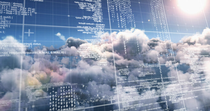 Data processing over grid lines against clouds in blue sky