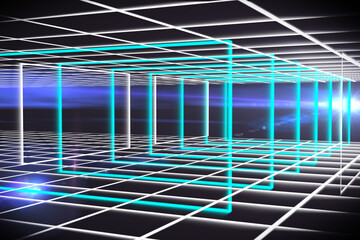 Abstract illustration of green neon geometrical shapes forming a tunnel against black background