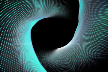 Abstract illustration of blue wave shaped array of green glowing dots against black background