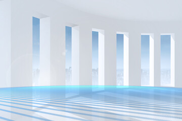 Fototapeta premium Abstract illustration of blue light trails over modern office against view of cityscape
