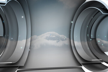 Abstract illustration of white glowing dots over two circular scope scanner against clouds in blue s