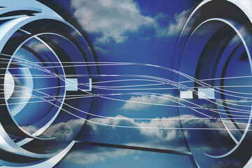 Abstract illustration of white wavy lines over two circular scope scanner against clouds in blue sky