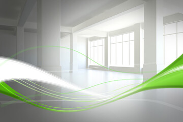 Abstract illustration of green digital wave against empty office