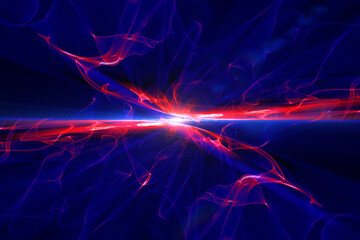 Abstract illustration of blue and red glowing digital wave bursting against blue background