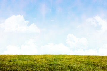 Obraz premium Abstract illustration of distressed overlay texture against green grass and clouds in blue sky in ba