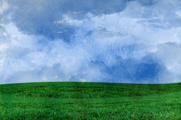 Obraz na płótnie Canvas Abstract illustration of distressed overlay texture against green grass and clouds in blue sky in ba