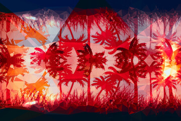 Abstract illustration of red kaleidoscopic polygonal abstract shapes against palm trees background