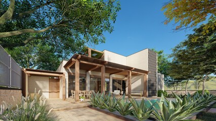 3d rendering of beautiful modern house with patio view