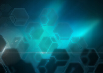 Abstract illustration of multiple geometrical hexagonal shapes against glowing blue background